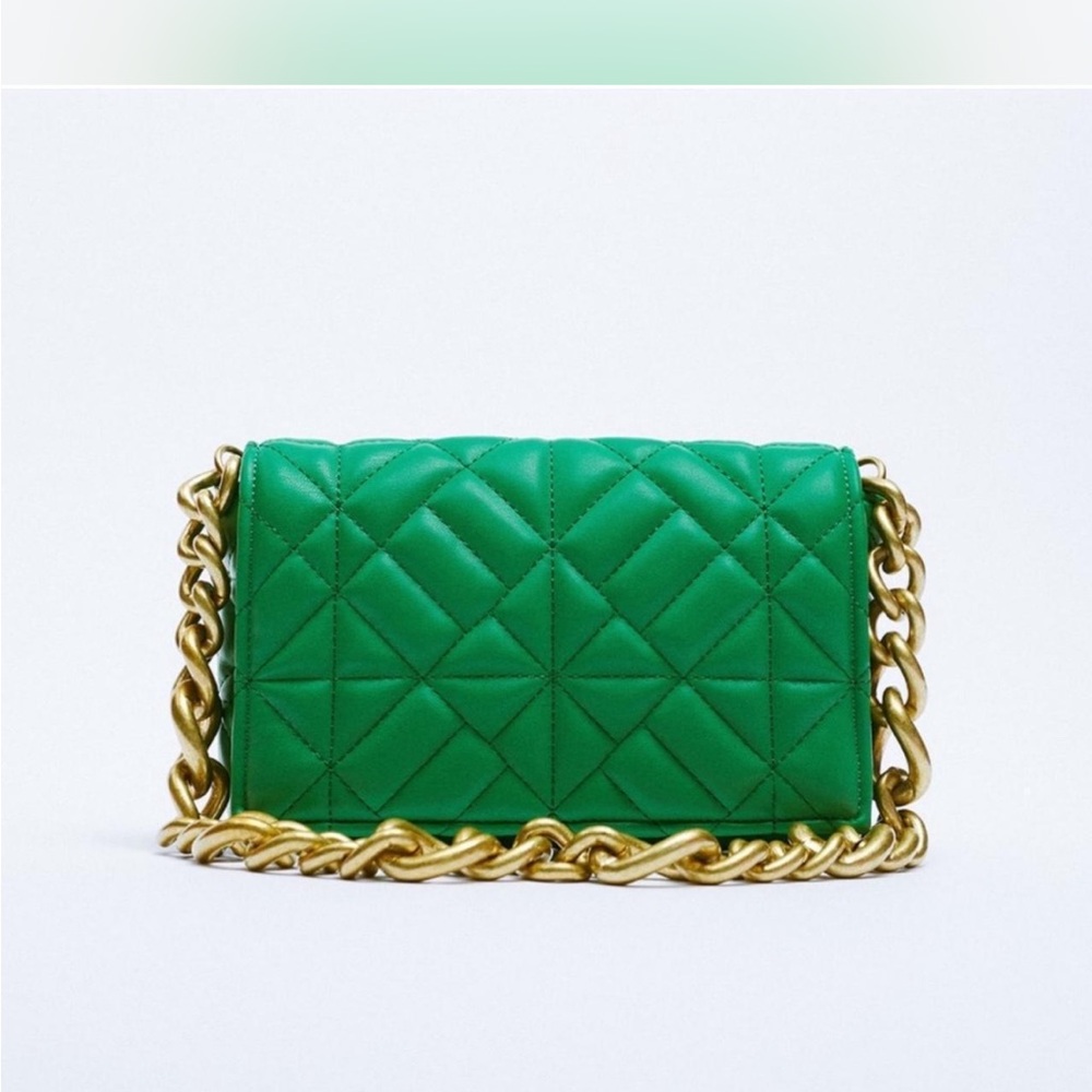 Zara green leather bag gold chain strap